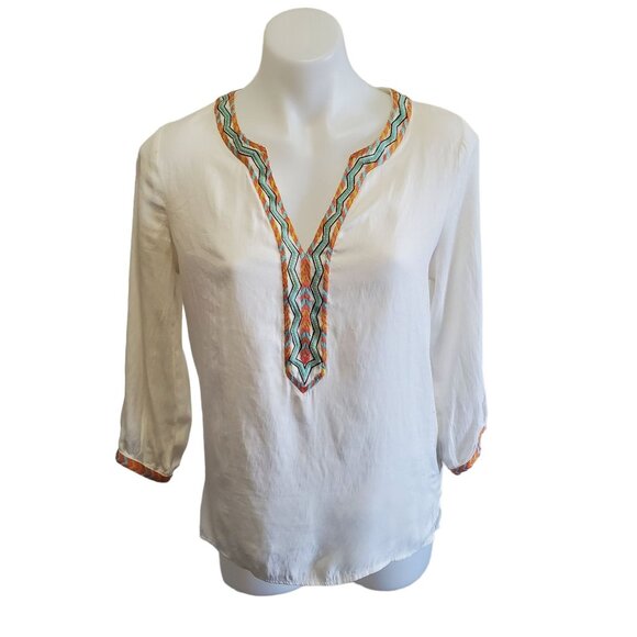 Love Stitch Womens Boho Aztec Embroidered Tunic Vacation Top Boluse S White - Picture 1 of 9